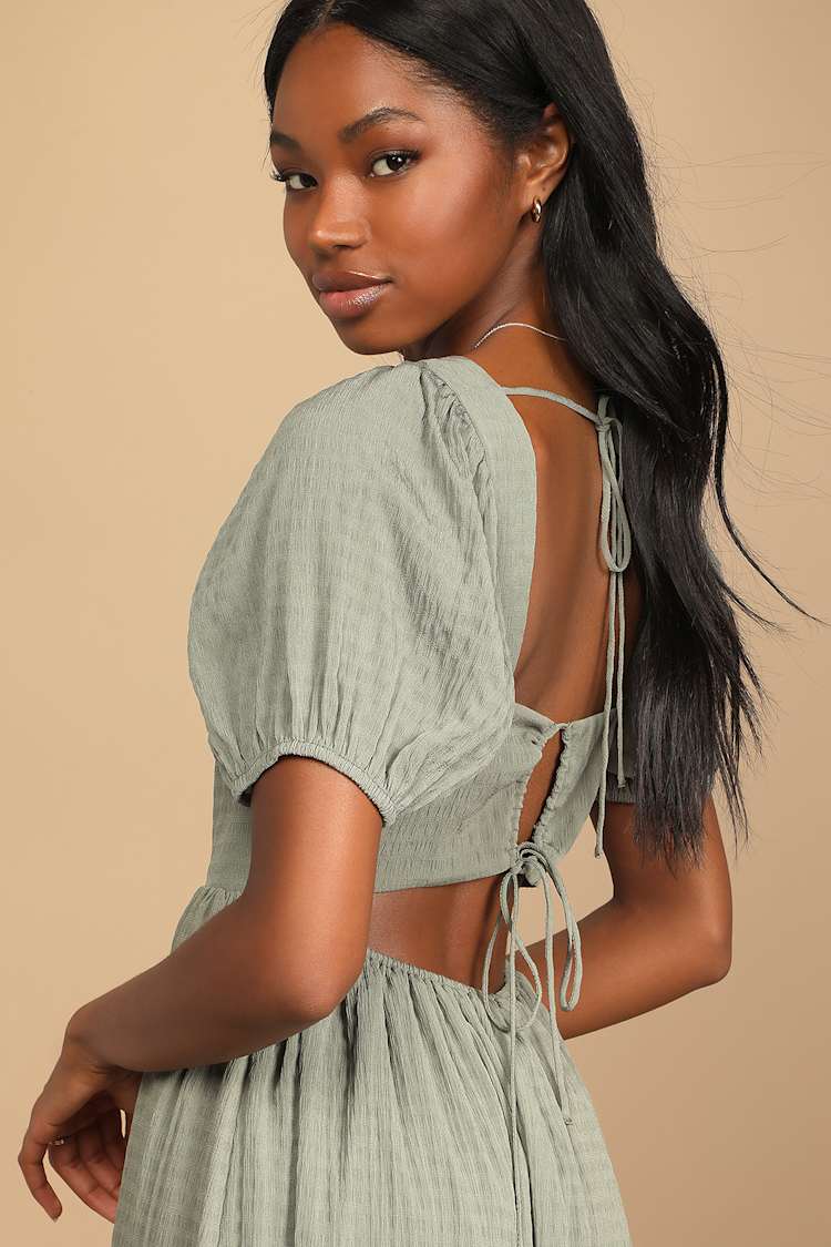 Olive Green Midi Dress - Puff Sleeve Dress - Tie-Back Midi Dress - Lulus Olive Green Midi Dress - Puff Sleeve Dress - Tie-Back Midi Dress - Lulus