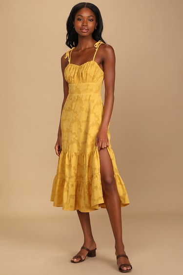 Sweet Sentiments Mustard Yellow Jacquard Tiered Midi Dress