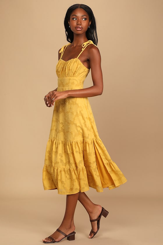 Sweet Sentiments Mustard Yellow Jacquard Tiered Midi Dress 6