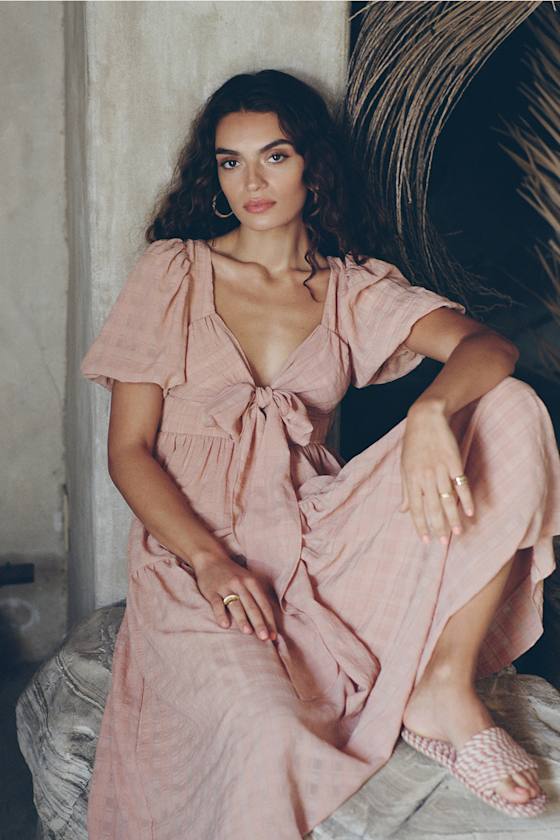 Hello Sweetheart Peach Puff Sleeve Tiered Midi Dress 1