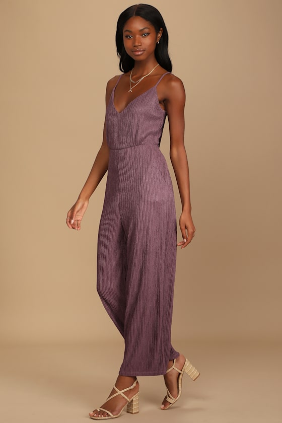Get the Groove Dusty Purple Crinkled Tie-Back Wide-Leg Jumpsuit 5