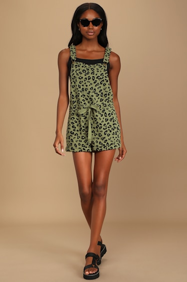 Wildly Casual Green Leopard Print Drawstring Short Overalls