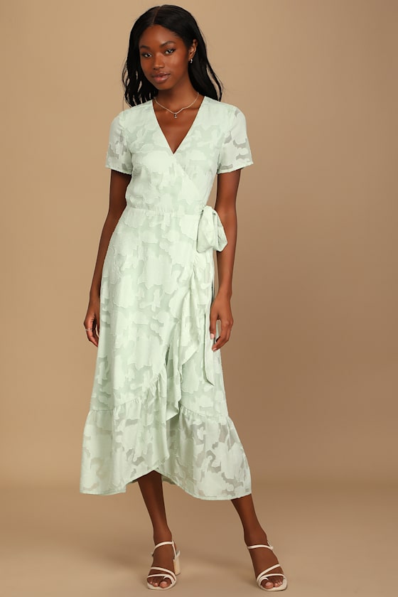 Blissfully Sage Green Jacquard Short Sleeve Wrap Midi Dress 5