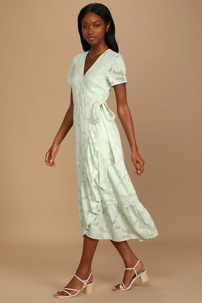 knee length dresses for ladies Short Sleeve Surplice Twist Wrap Midi Dress Teal / Medium main image 1