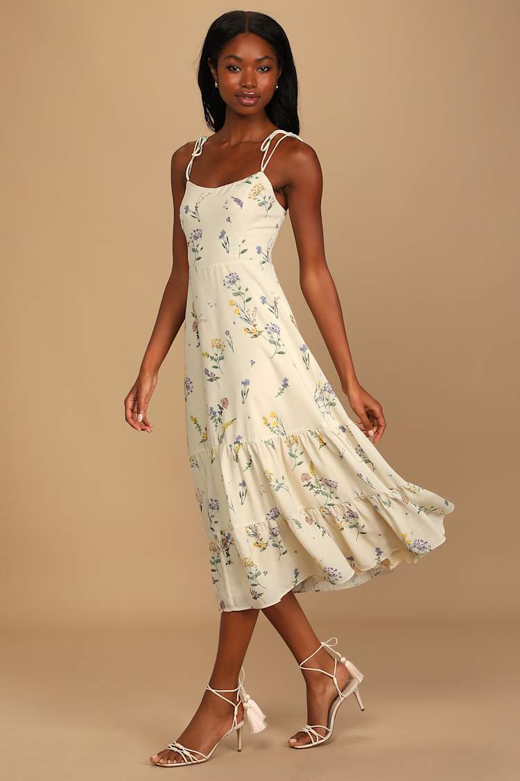 beige tiered midi dress Beige Bow Strap Tiered Midi Dress