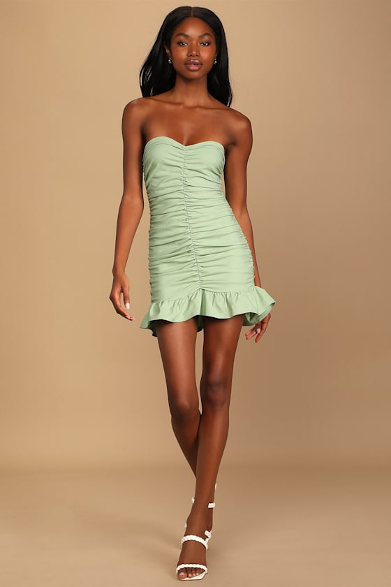 Flirty Hour Sage Strapless Ruched Bodycon Mini Dress 3