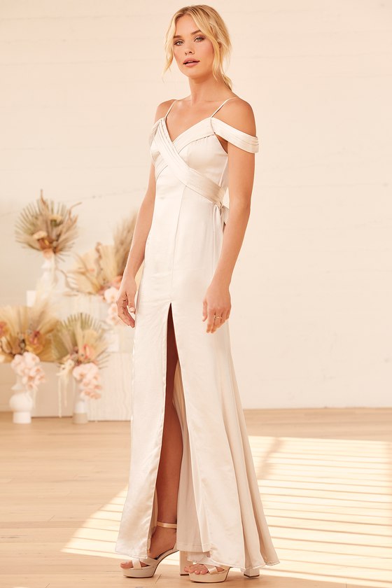 Champagne Maxi Dress - Off-the-Shoulder Dress - Satin Dress - Lulus