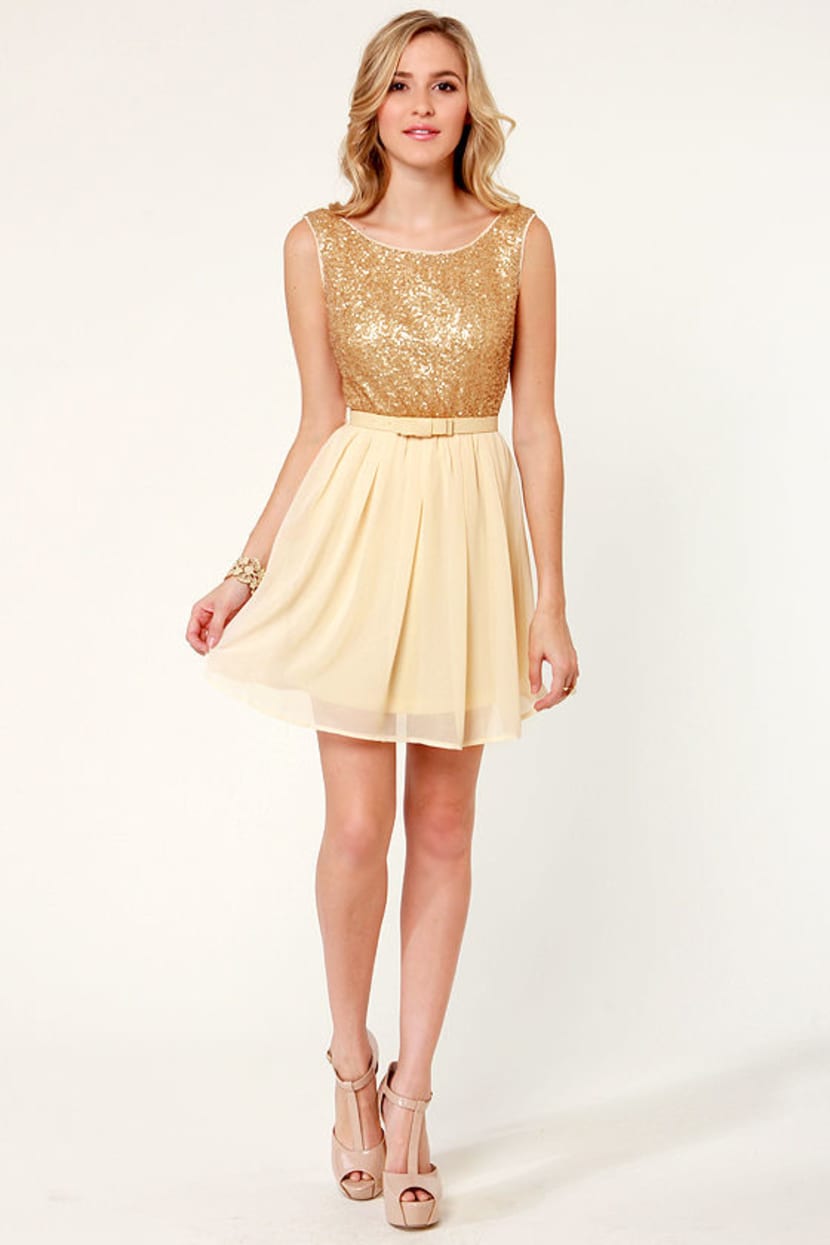 Gleam a Little Gleam Cream and Gold Sequin Dress