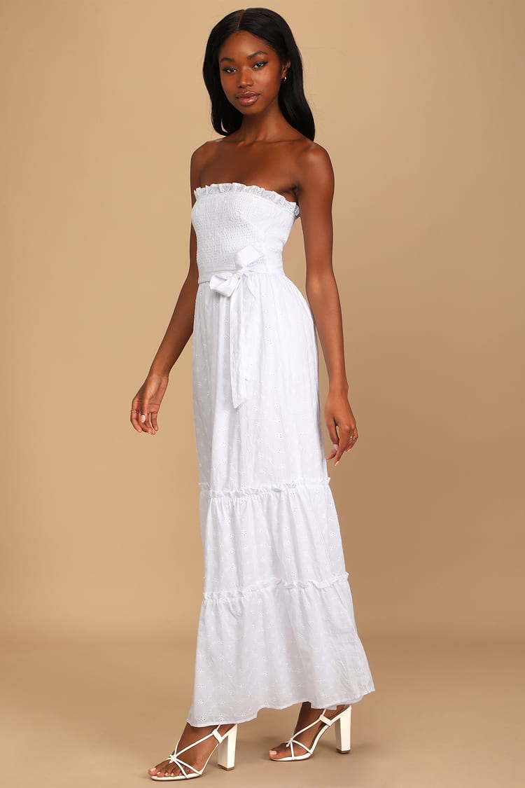 White Maxi Dress - Cotton Eyelet Dress - Strapless Smocked Dress - Lulus