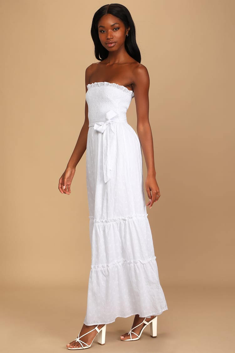 White Maxi Dress - Cotton Eyelet Dress - Strapless Smocked Dress