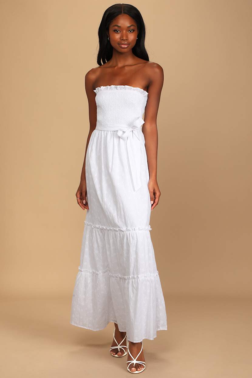 White Maxi Dress - Cotton Eyelet Dress - Strapless Smocked Dress - Lulus White Maxi Dress - Cotton Eyelet Dress - Strapless Smocked Dress - Lulus