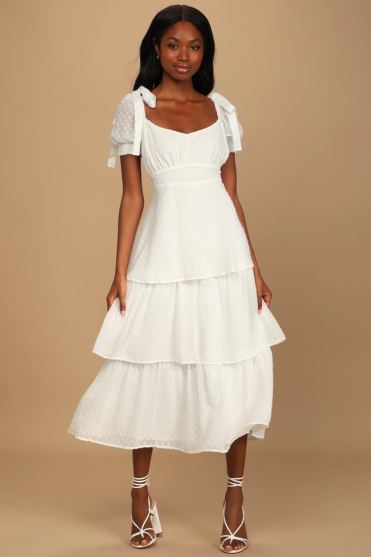 White Dress - Swiss Dot Midi Dress - Tiered Midi Dress - Lulus