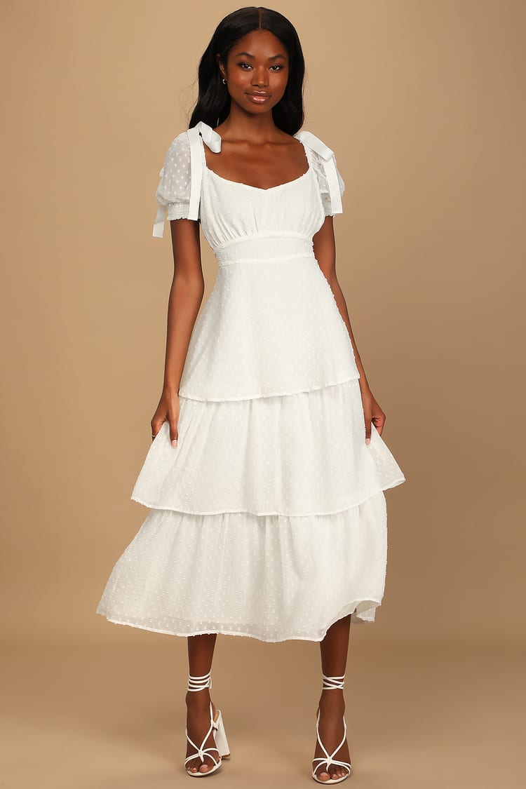 Always Beside Me White Swiss Dot Tiered Midi Dress