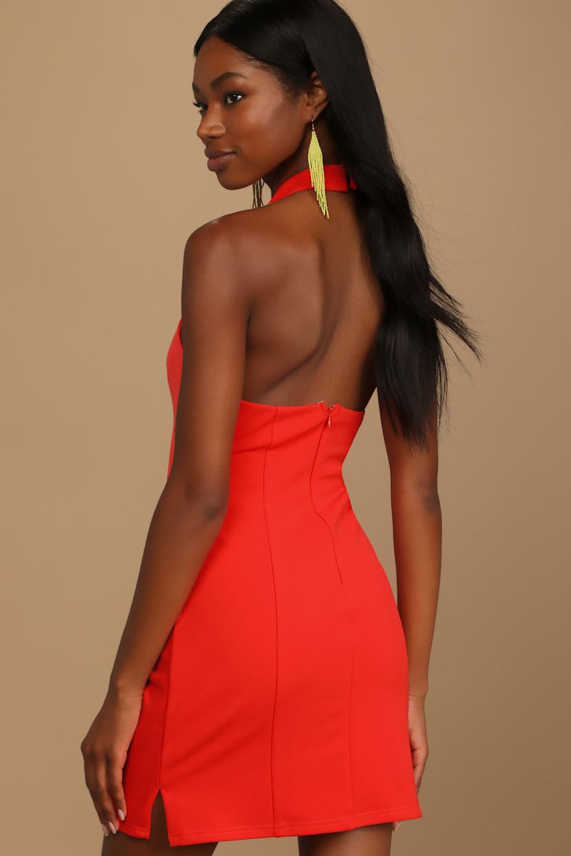 slim fit dress slacks Heart-Detail Halterneck A-Line Mini Dress in Red main image 1