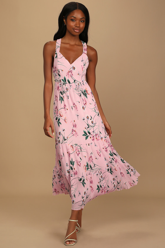 Pink Floral Print Dress - Tie-Back Dress - Tiered Midi Dress - Lulus