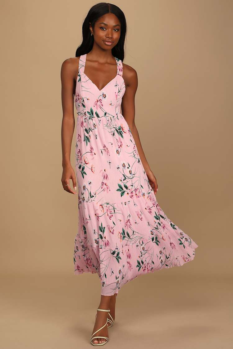 sleeveless print tie pleated dress Cupshe Women's Twisted Dress V Neck Sleeveless Long Dress Floral Pleated Self Tie Back Adjustable Cami Maxi Dress, Sizes XS-XL