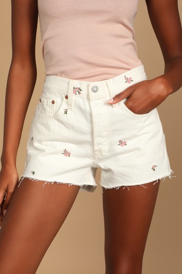 Levi's 501 Original White Floral Embroidered High Rise Cut-Off Shorts