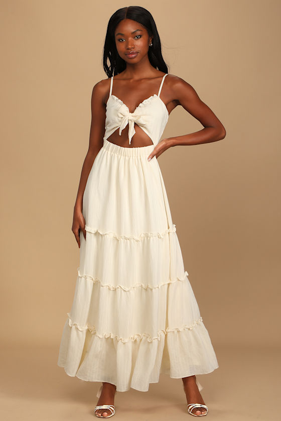 Cream Maxi Dress Knotted Front Dress Tiered Maxi Dress Lulus
