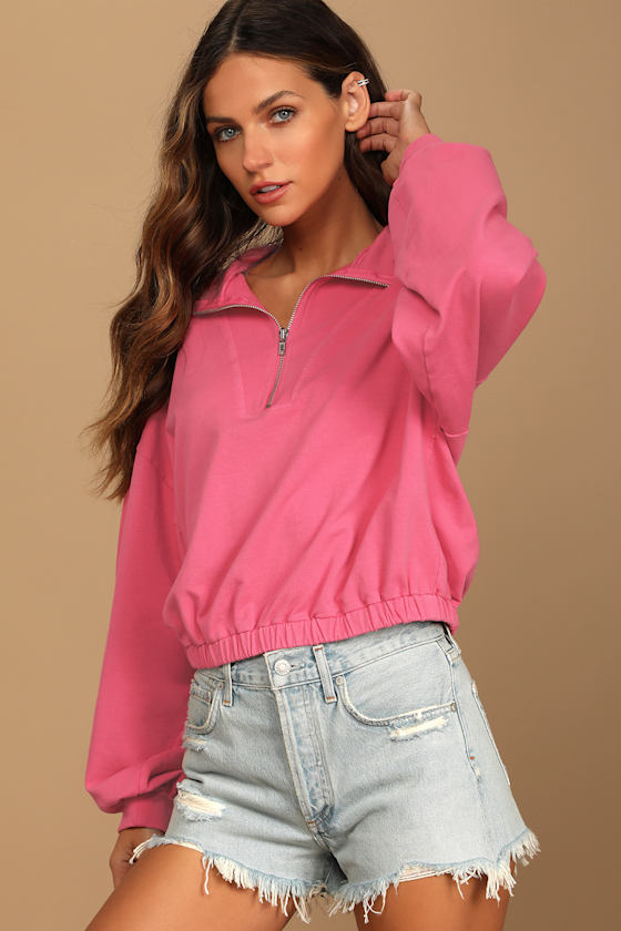 Hot Pink Sweatshirt HalfZip Sweatshirt Pullover Sweater Lulus