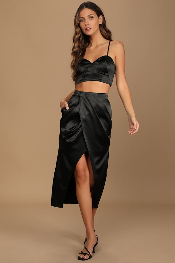 Captivating Nights Black Satin Two-Piece Bodycon Midi Dress 4