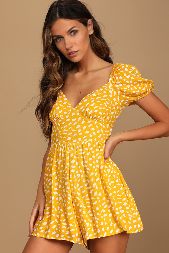 Yellow Romper - Dotted Romper - Short Sleeve Romper - Romper - Lulus