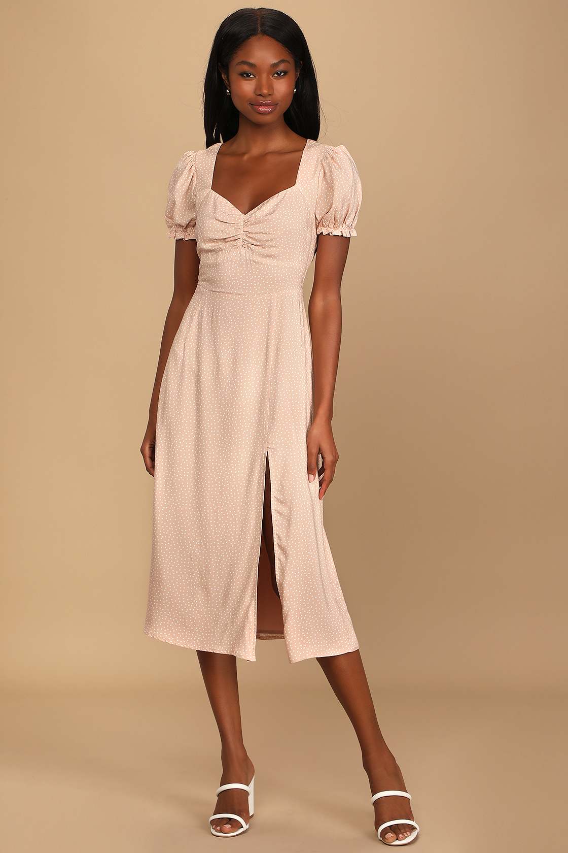 Blush Midi Dress Polka Dot Midi Dress Short Sleeve Dress Lulus