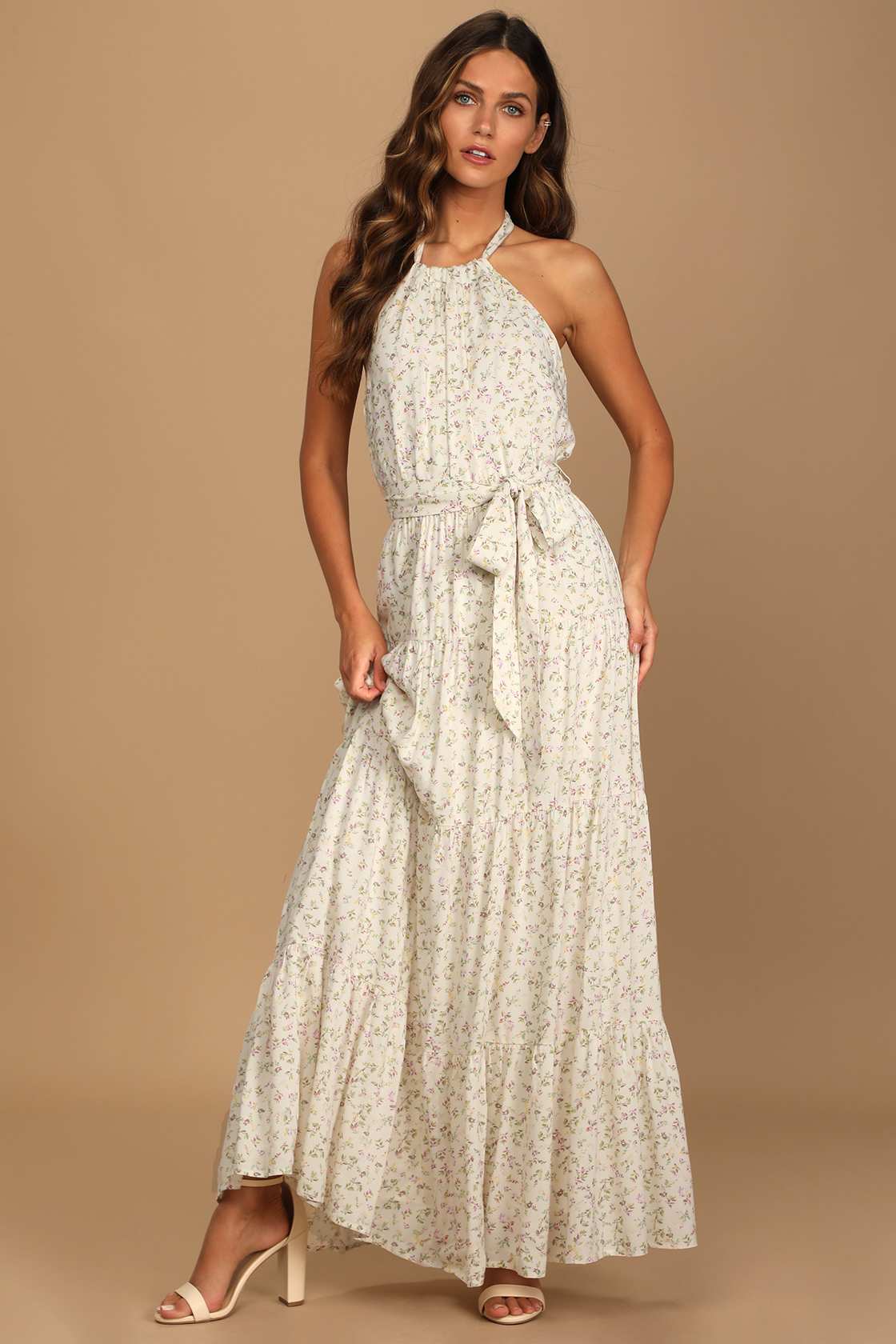 Ivory Floral Halter Front Chiffon Maxi Dress
