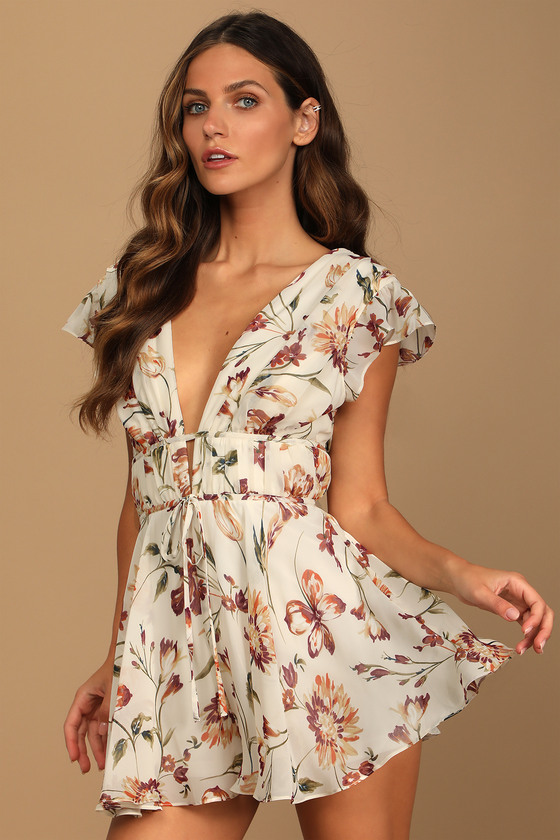 Cream Floral Romper - Floral Print Romper - Flutter Sleeve Romper ...