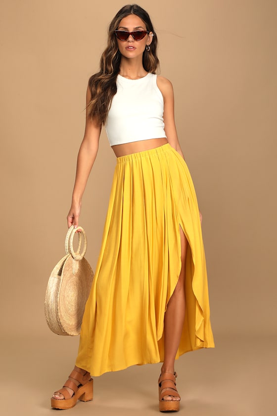 Yellow Maxi Skirt Pleated Maxi Skirt Woven Maxi Skirt Lulus