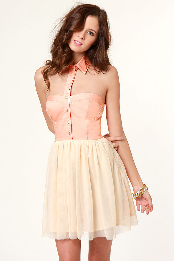Cute Peach Dress Halter Dress Cream Dress 39.00 Lulus