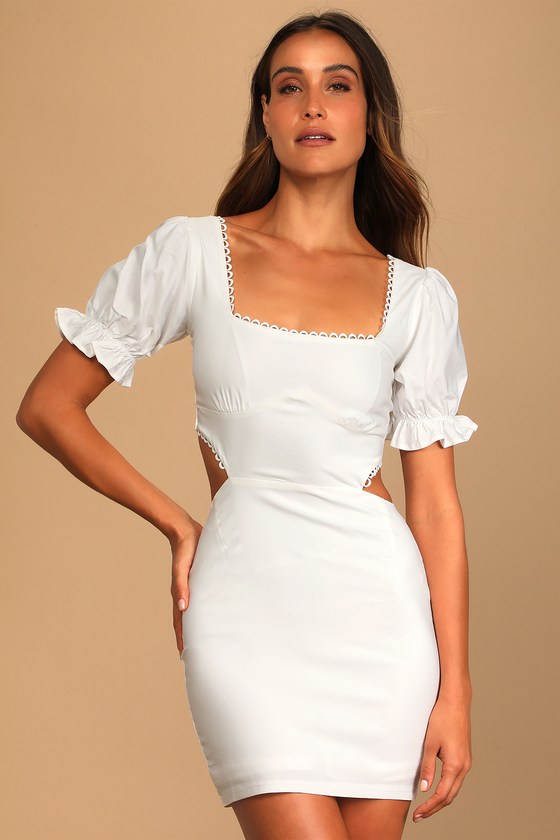White Square Neck Dress - Cutout Mini Dress - Puff Sleeve Dress - Lulus