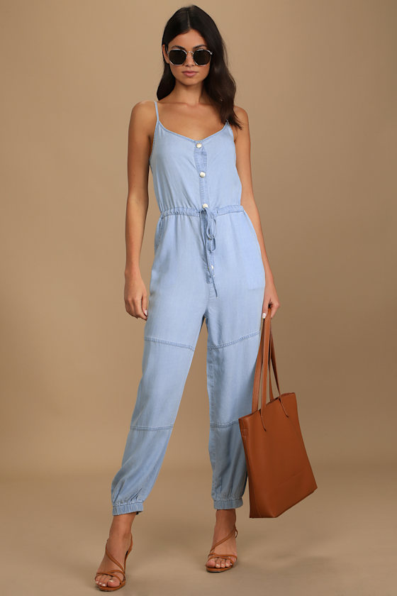Blue Chambray Jumpsuit Jogger Jumpsuit ButtonFront Jumpsuit Lulus