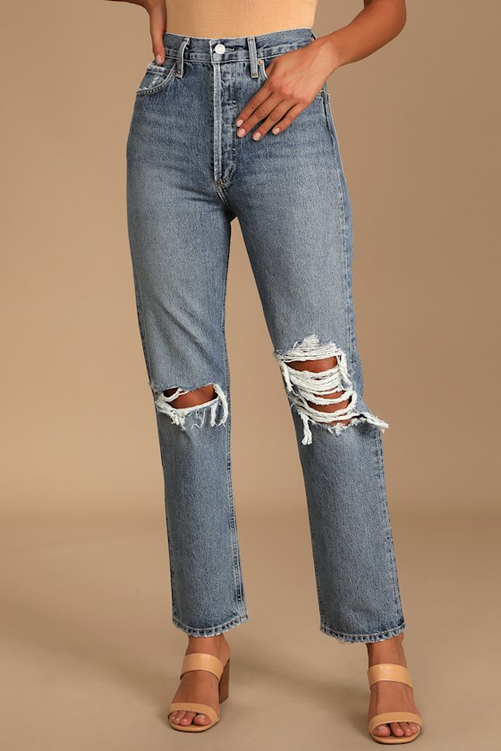 90's Pinch Waist Medium Wash Distressed High Rise Straight Jeans 3