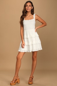 Super Sweet White Smocked Ruffled Tie-Back Mini Dress