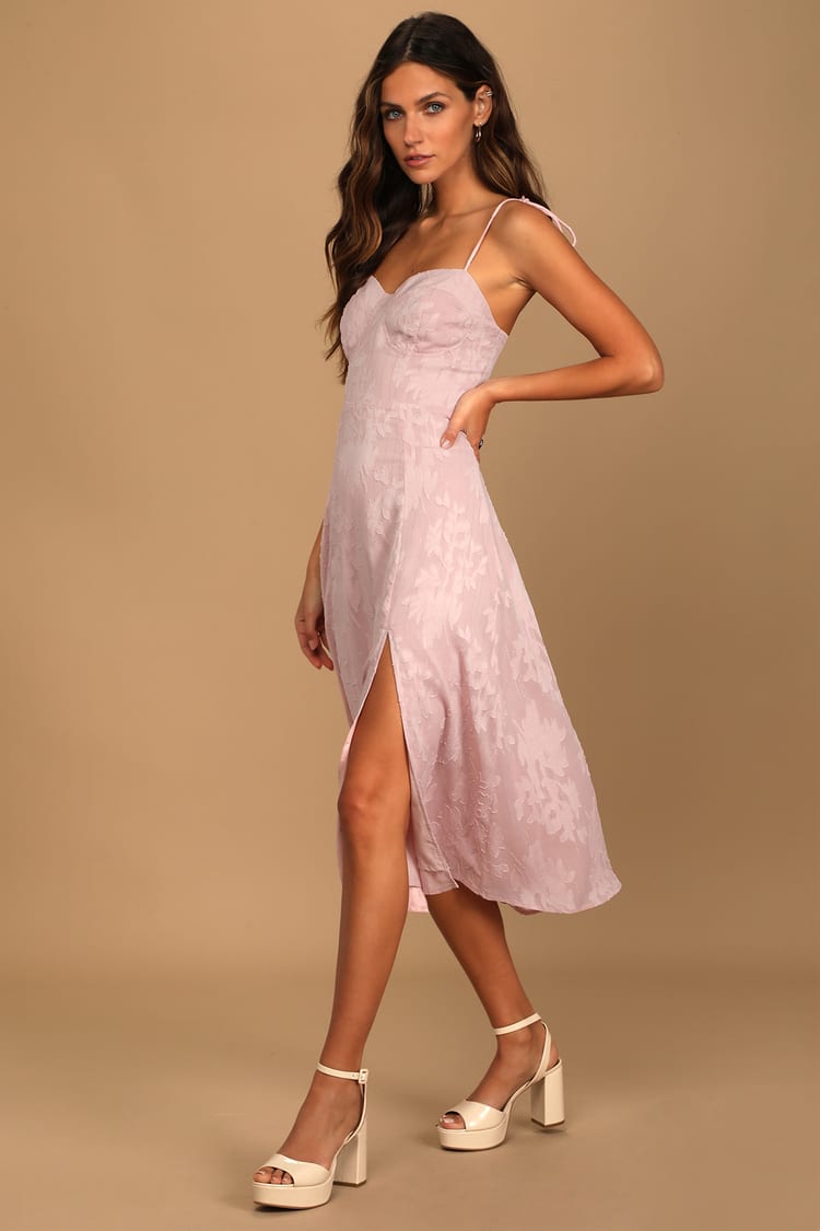 Blush Pink Midi Dress - Floral Jacquard Dress - Bustier Dress - Lulus