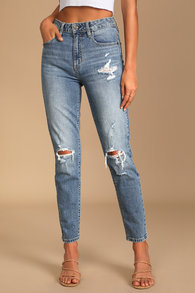 Tobi Medium Wash High Rise Distressed Denim Mom Jeans