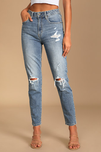 Tobi Medium Wash High Rise Distressed Denim Mom Jeans 3