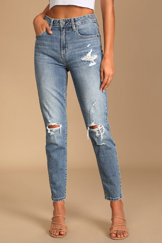 Tobi Medium Wash High Rise Distressed Denim Mom Jeans 3