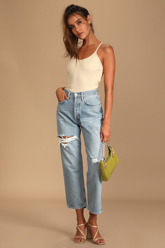 90s Crop Light Wash Distressed Denim Straight Jeans 5