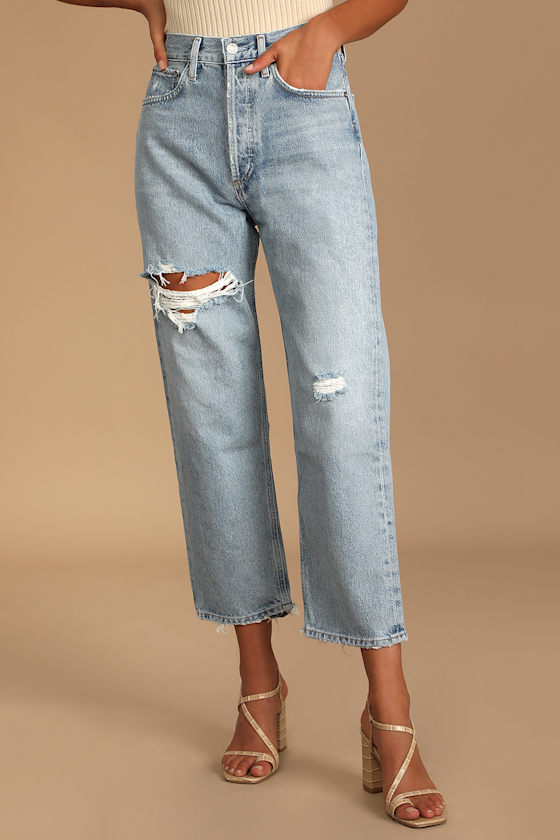 90s Crop Light Wash Distressed Denim Straight Jeans 4
