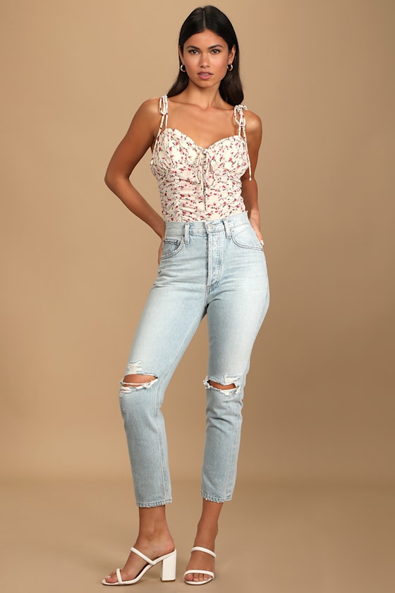 Flower Couple Cream Floral Print Ruched Tie-Strap Cami Top 1