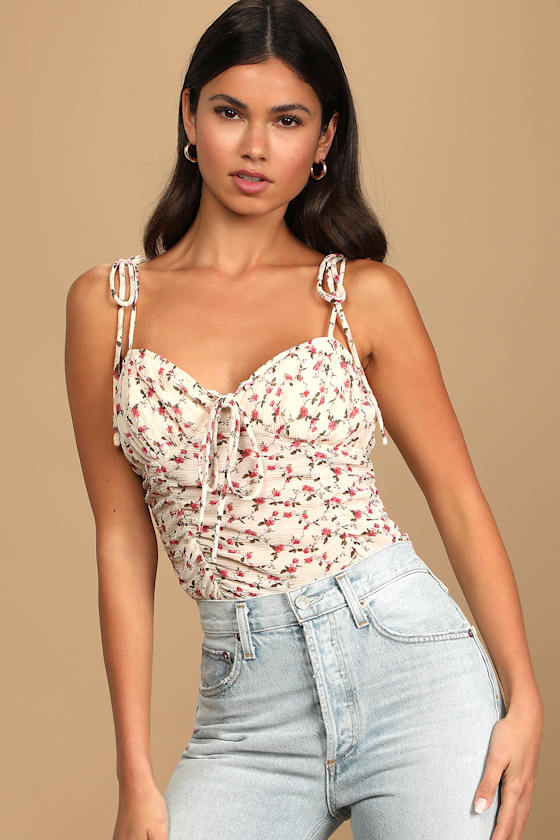 Flower Couple Cream Floral Print Ruched Tie-Strap Cami Top 2