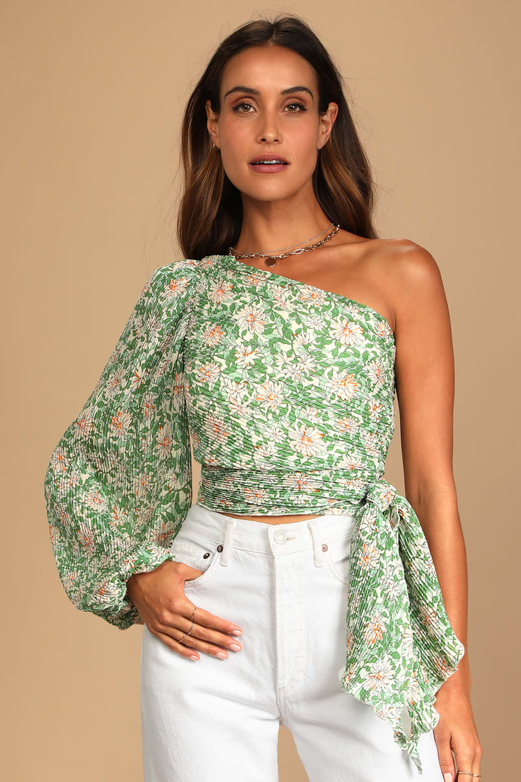 Green Floral Top - Pleated Chiffon Top - One-Shoulder Top - Lulus
