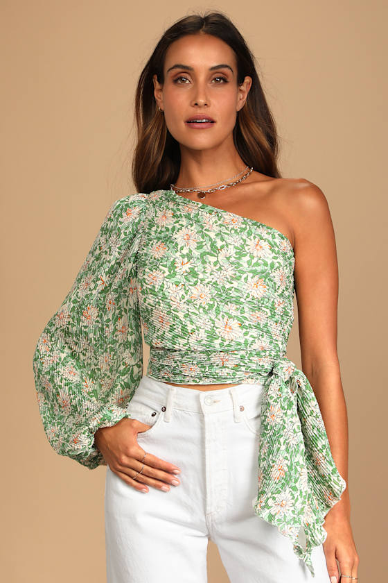 Grow Toward Love Green Floral Print Pleated One-Shoulder Top 4