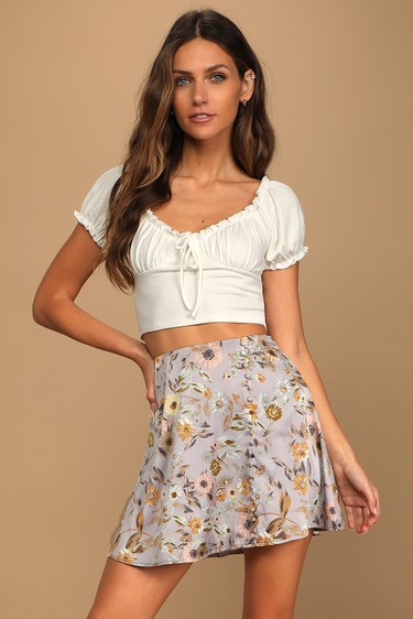 Blooming Lavender Floral Print Satin Side-Button Mini Skirt