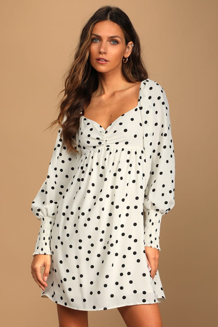 Lulus Floral to See Black Polka Dot Long Sleeve Mini Dress