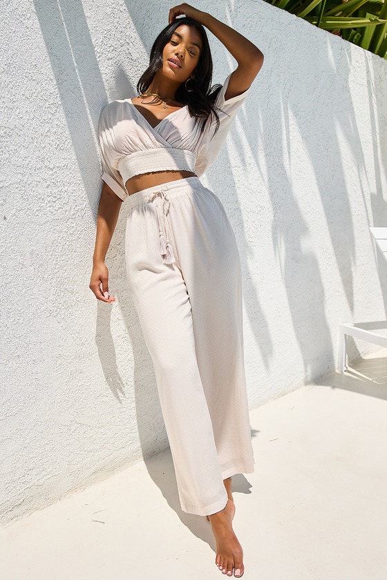 A Perfect Vacation Beige Two-Piece Swim Cover-Up Jumpsuit