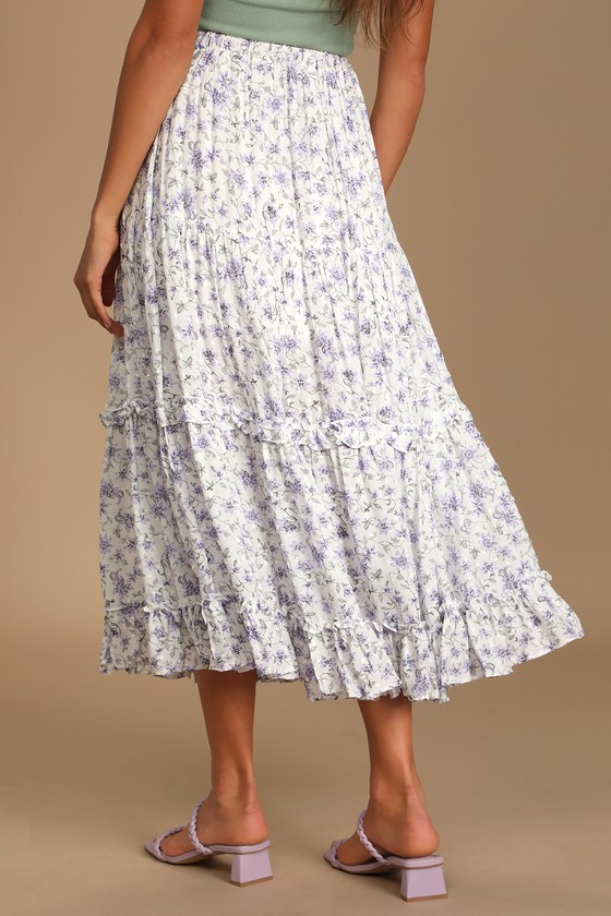 White Floral Print Skirt Tiered Midi Skirt Ruffled Skirt Lulus