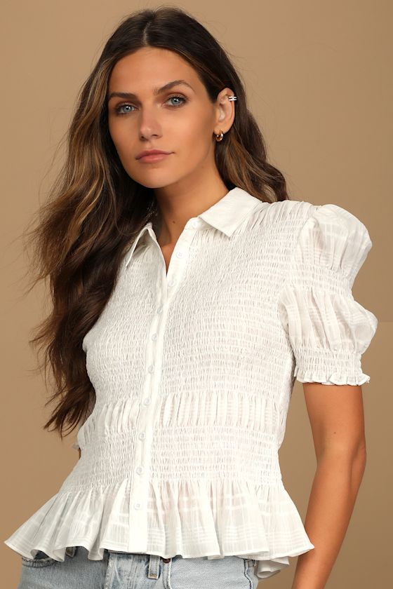 white smocked puff sleeve top