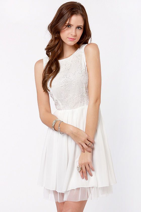 Pretty Beaded Dress - White Dress - Skater Dress - $66.00 - Lulus